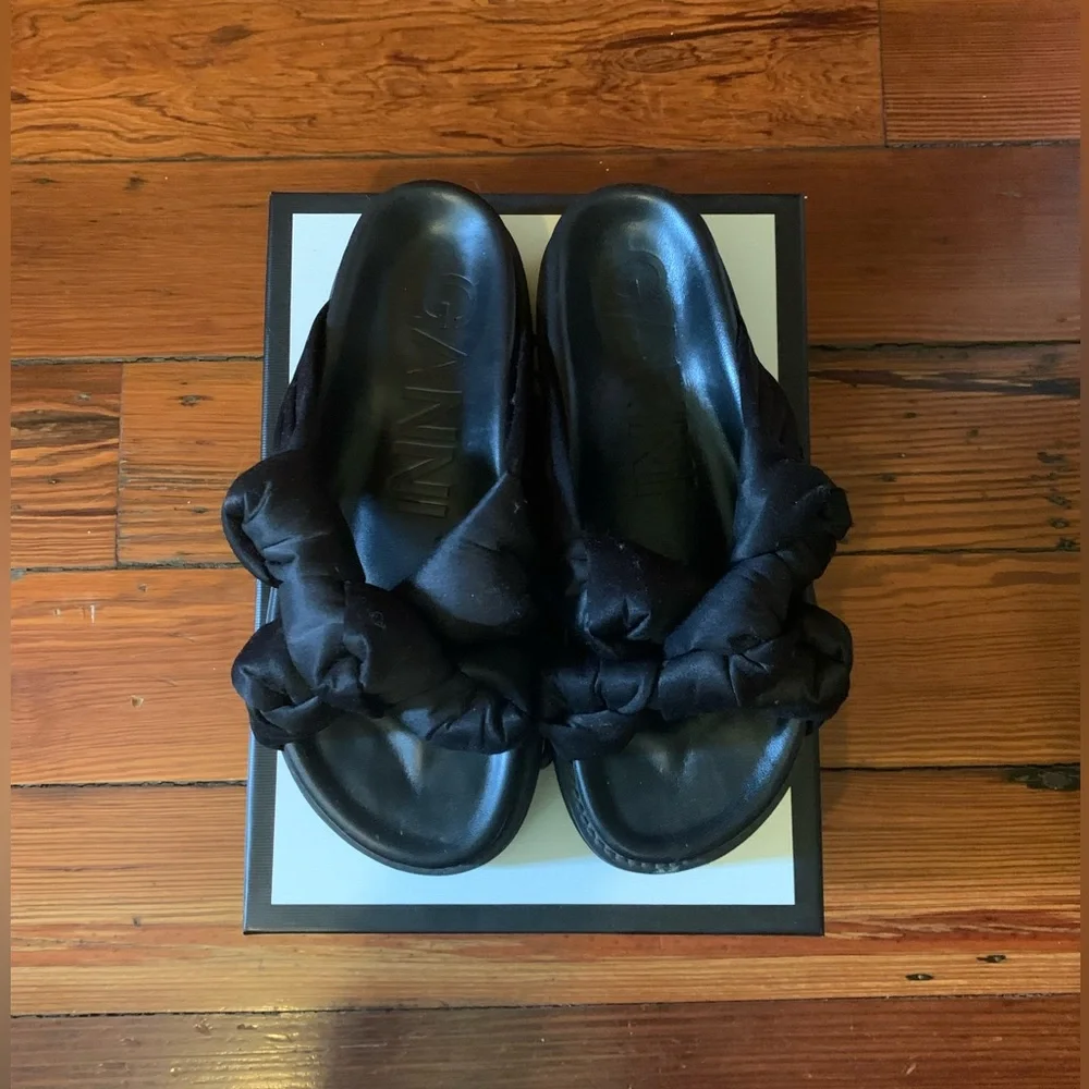 Ganni Black Knotted Strap Slide Sandals